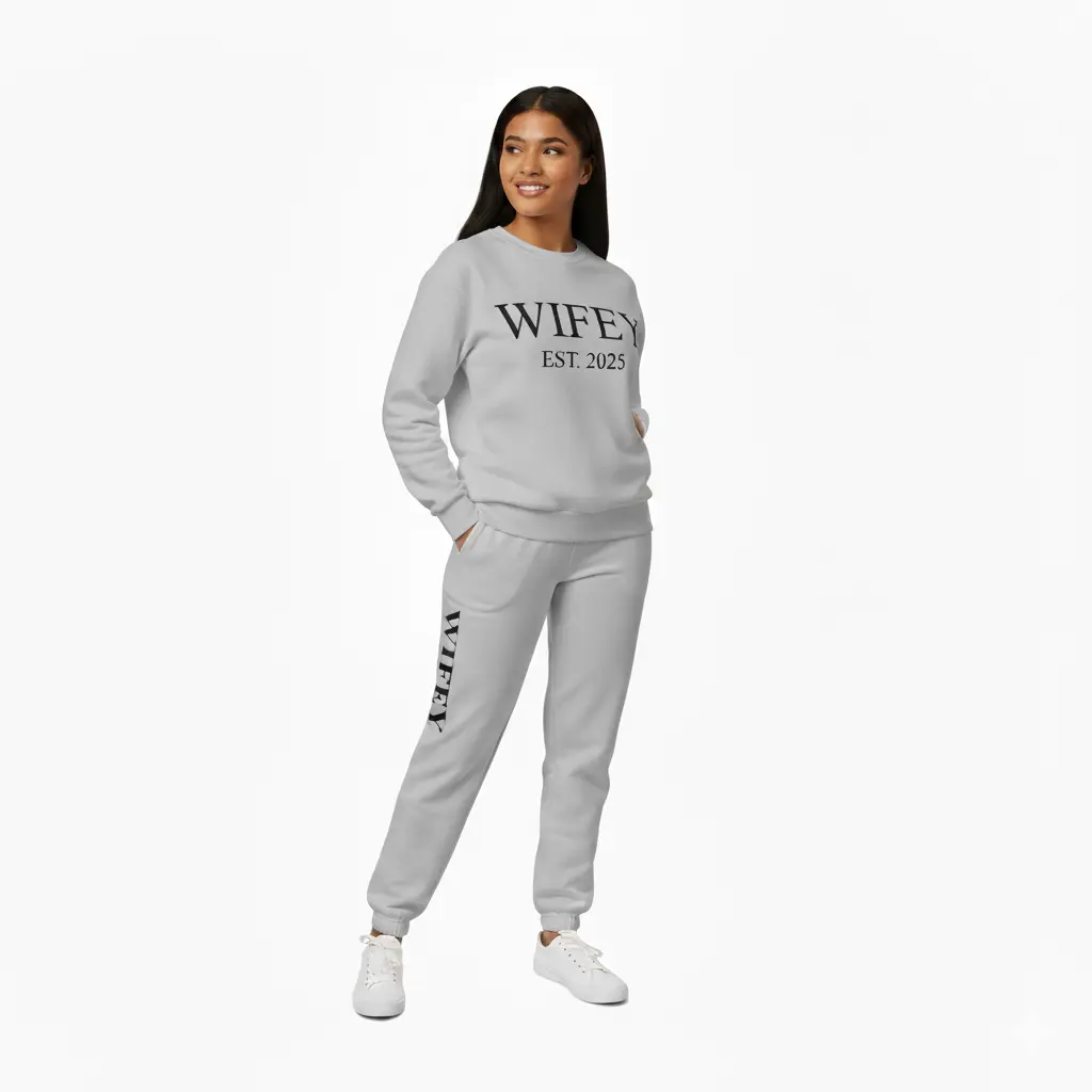 Personalized Embossed Puff WIFEY Sweatshirt & Joggers Set Contrast