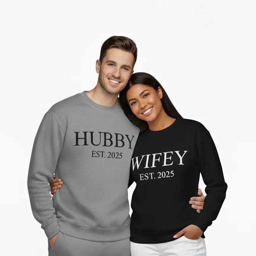 Personalized Embossed WIFEY/HUBBY Sweatshirt B&W Bundle