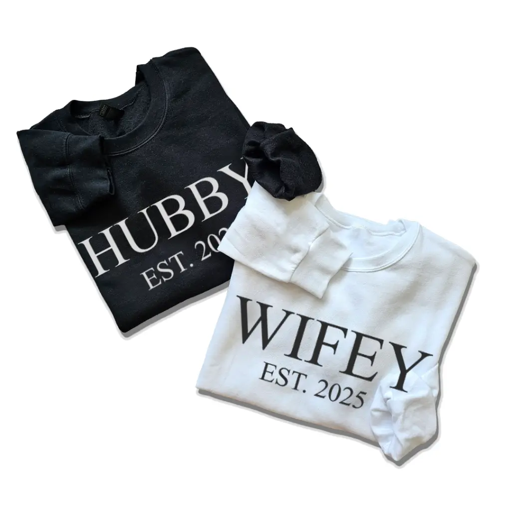 Personalized Embossed WIFEY/HUBBY Sweatshirt B&W Bundle