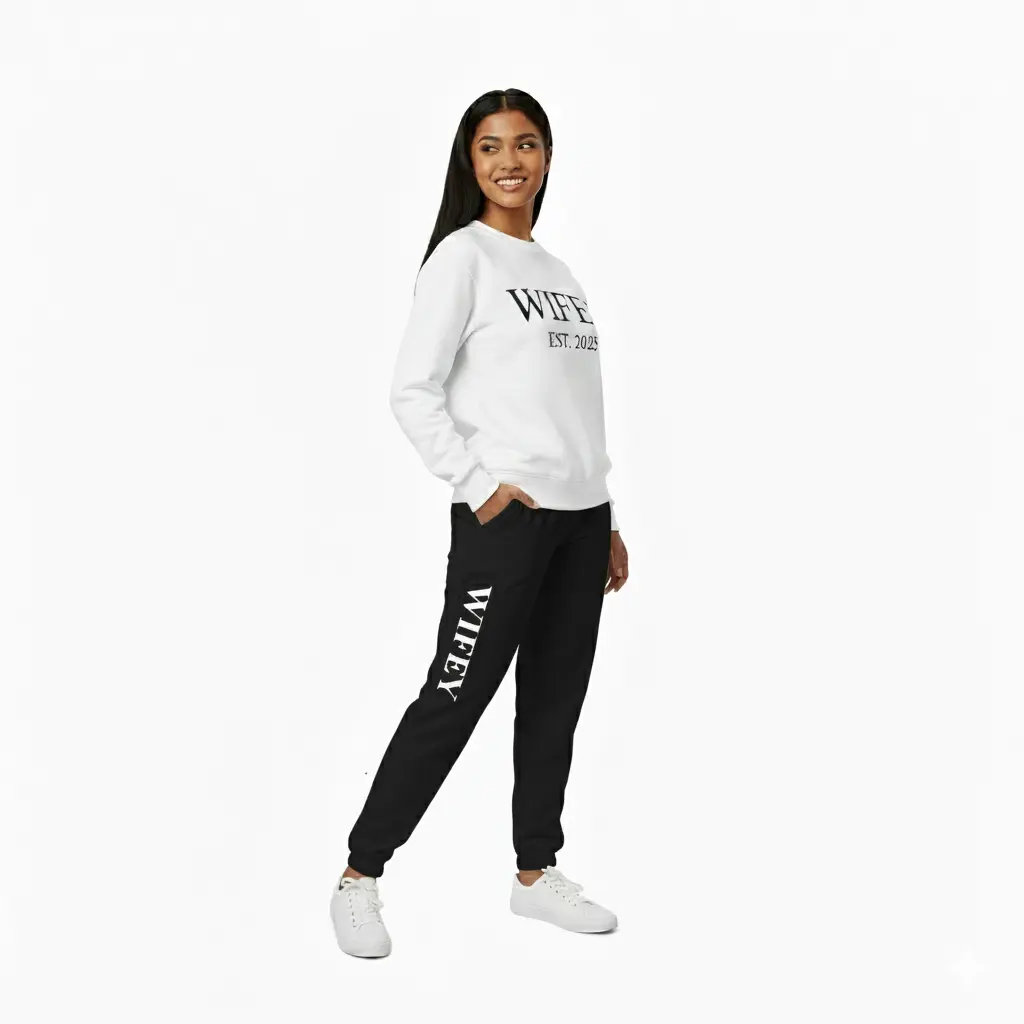 Personalized Embossed Puff WIFEY Sweatshirt & Joggers Set Contrast