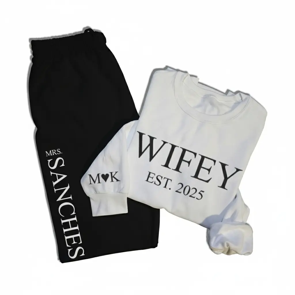 Personalized Embossed Puff WIFEY Sweatshirt & Joggers Set Contrast