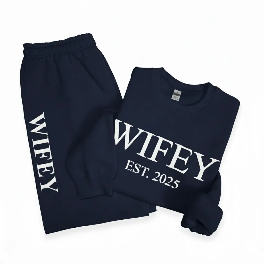 Personalized Embossed Puff WIFEY Sweatshirt & Joggers Set Contrast