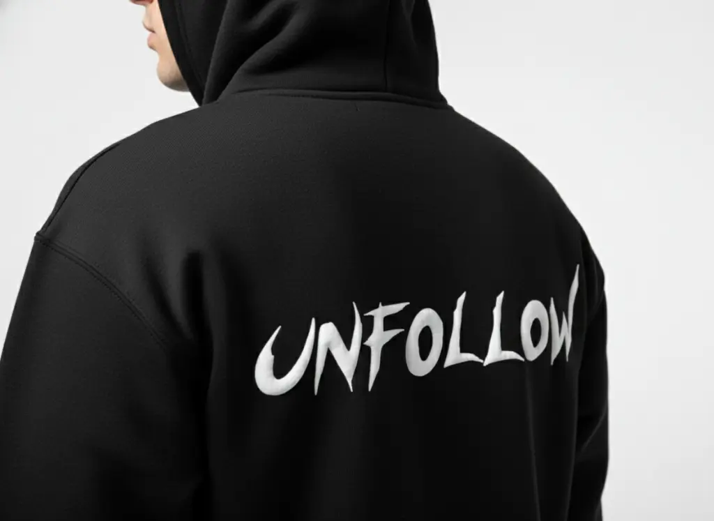 Unfollow - Embossed Puff Back Hoodie on model