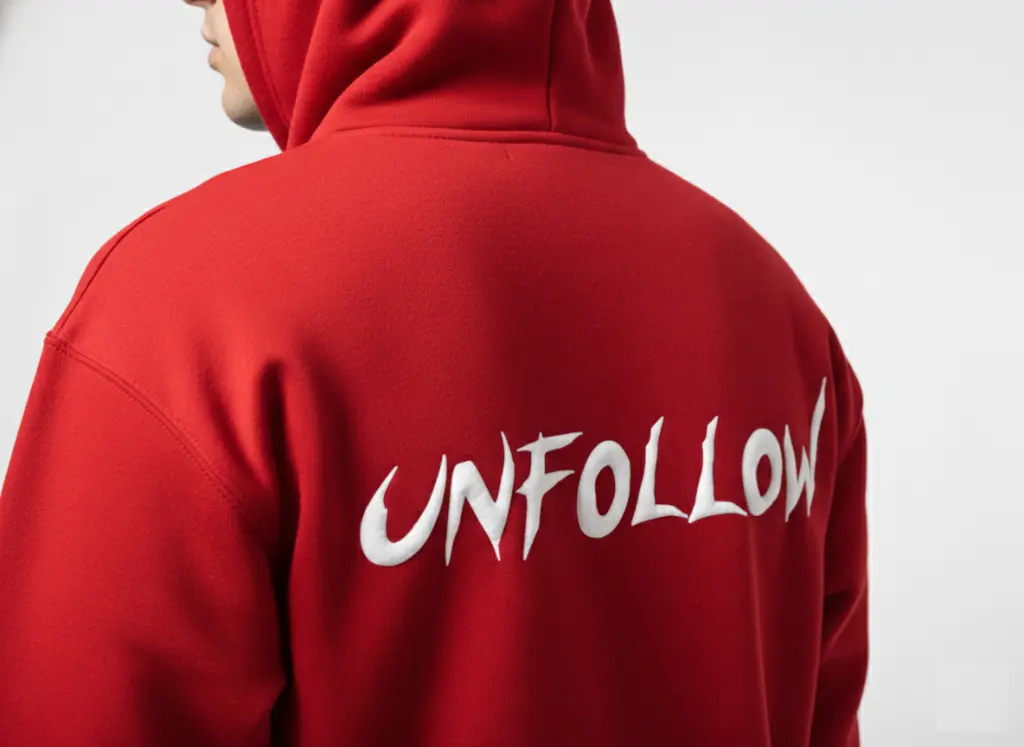 Unfollow - Embossed Puff Back Hoodie Red on model