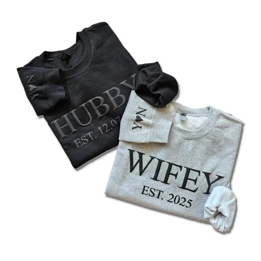 Personalized Embossed WIFEY/HUBBY Sweatshirt Bundle