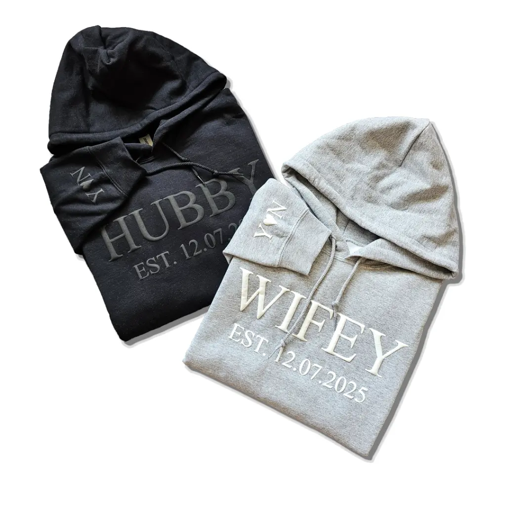 Personalized Embossed WIFEY/HUBBY Hoodie Bundle
