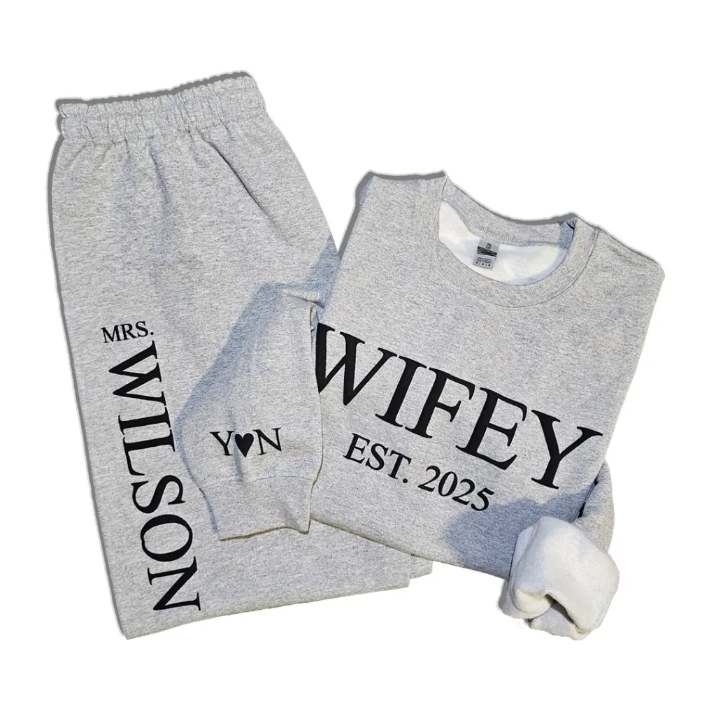 Personalized Embossed Puff WIFEY Sweatshirt & Joggers Set Contrast
