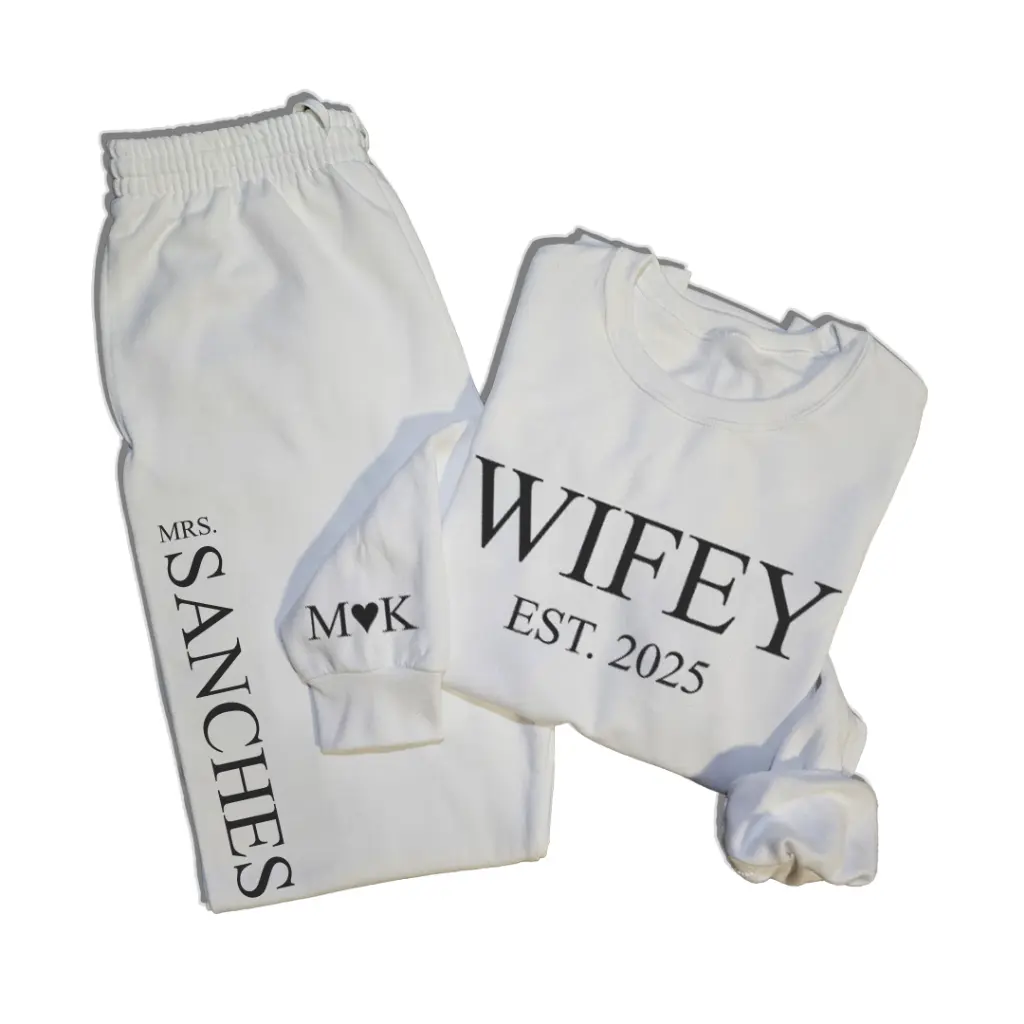 Personalized Embossed WIFEY/HUBBY Sweatshirt & Joggers Set Black and White