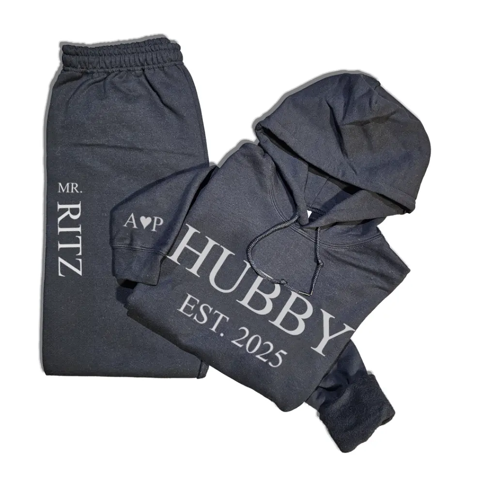 Personalized Embossed WIFEY/HUBBY Hoodie & Joggers Set  Black and White