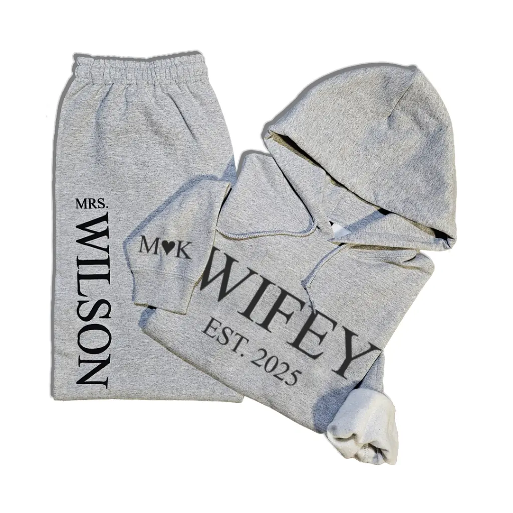 Personalized Embossed WIFEY/HUBBY Hoodie & Joggers Set  Black and White