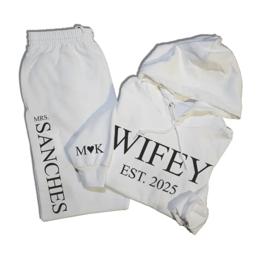 Personalized Embossed WIFEY/HUBBY Hoodie & Joggers Set  Black and White