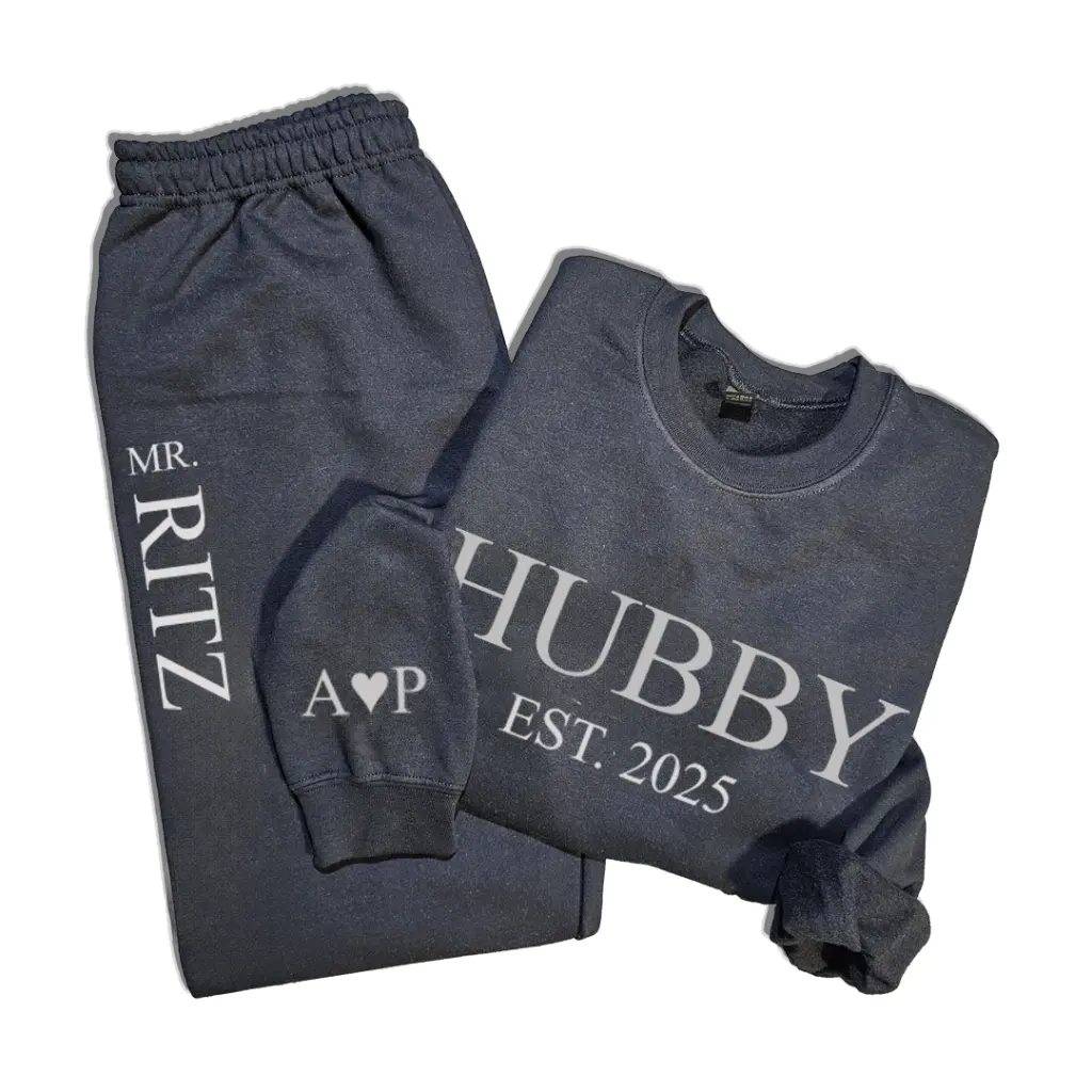 Personalized Embossed WIFEY/HUBBY Sweatshirt & Joggers Set Black and White
