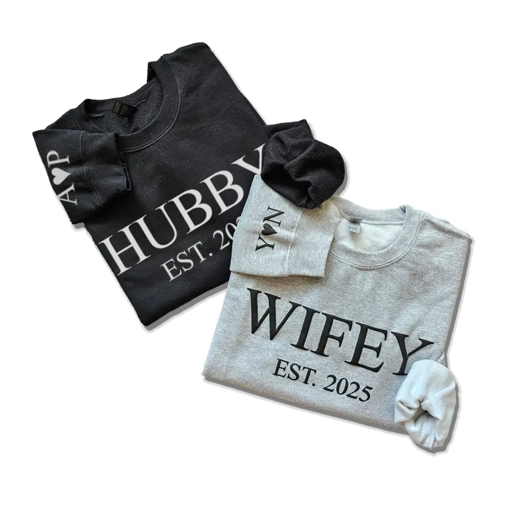 Personalized Embossed WIFEY/HUBBY Sweatshirt Bundle Black and White