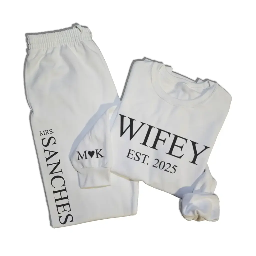 Personalized Embossed WIFEY/HUBBY Sweatshirt & Joggers B&W Set