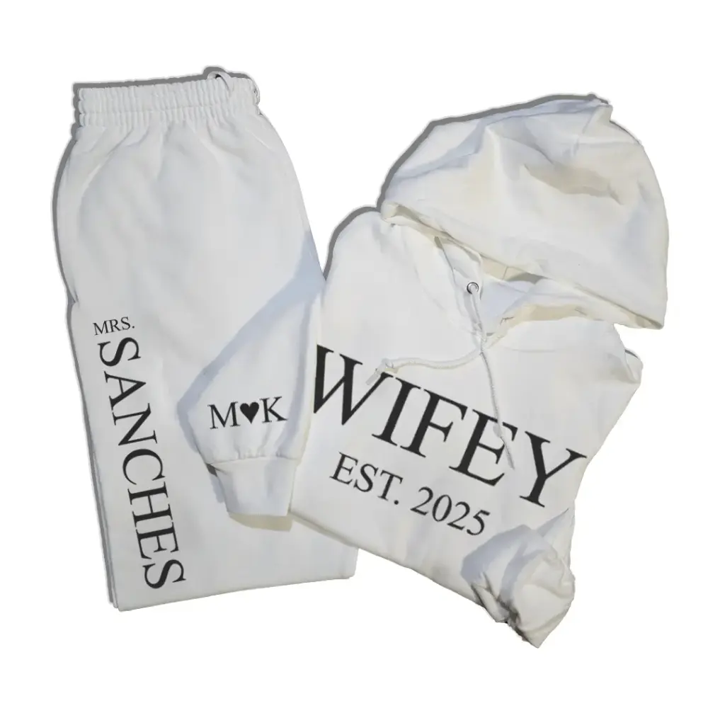 Personalized Embossed WIFEY/HUBBY Hoodie & Joggers B&W Set