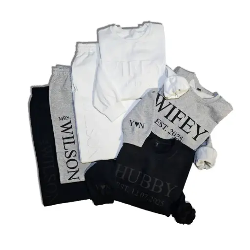 Personalized Embossed WIFEY/HUBBY Sweatshirt & Joggers Set