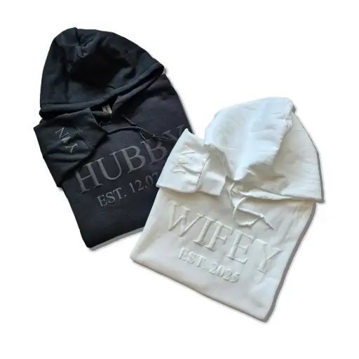 Personalized Embossed WIFEY/HUBBY Hoodie Bundle