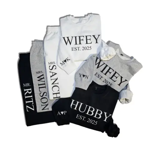 Personalized Embossed WIFEY/HUBBY Sweatshirt & Joggers B&W Set