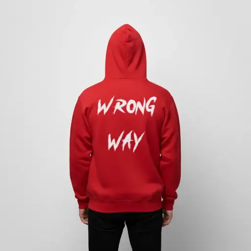 Wrong way - Embossed Puff Back Hoodie Red